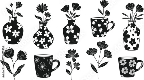 Beautiful black and white floral vases and cups with flowers illustration