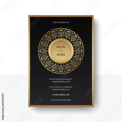 Quadro su tela Elegant Golden Mandala Detail Wedding Invitation Card Celebration Template