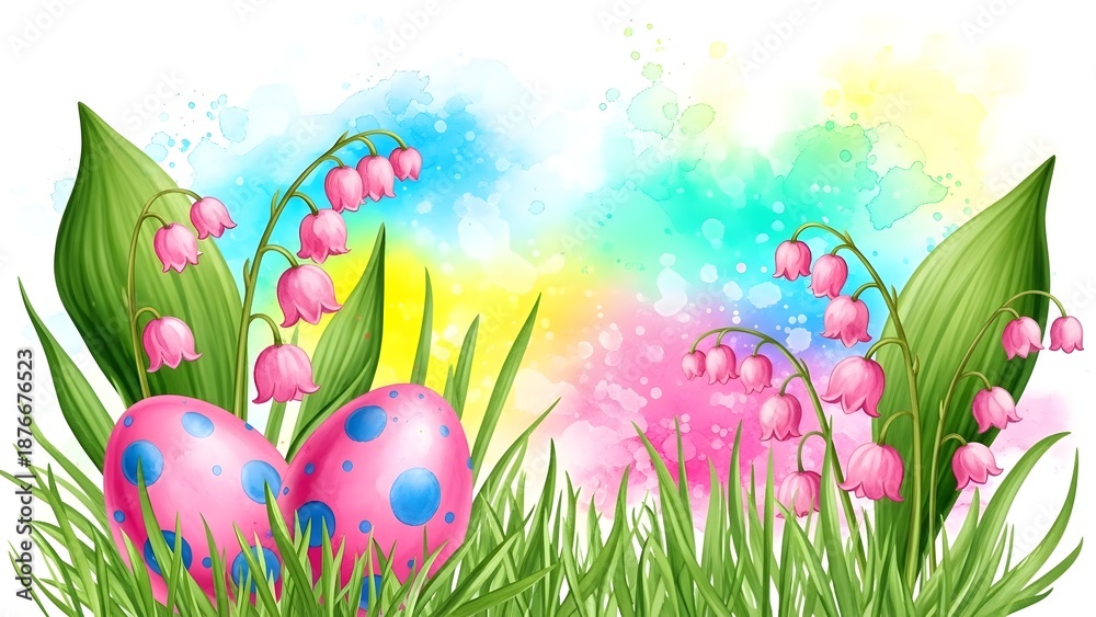 Fototapeta Vibrant easter eggs and flowers in lush green grass with colorful background
