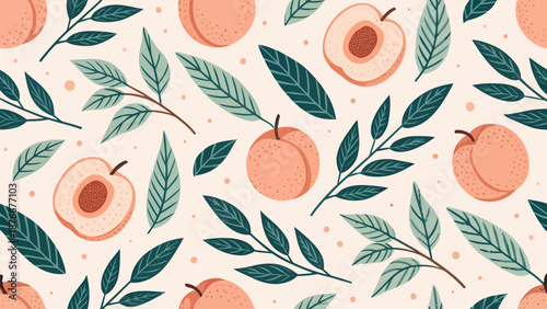 Vibrant peach pattern with lush green leaves on cream background
