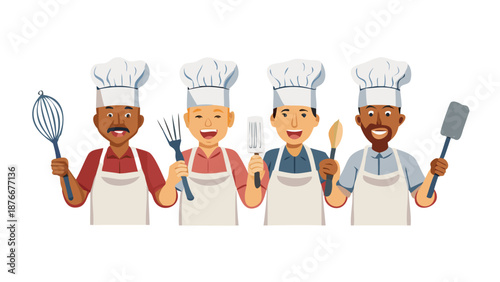 Diverse chef and baker heads, wearing tall white hats, aprons, holding whisk or rolling pin, expressive culinary faces, flat 2D design, bold lines, white background.