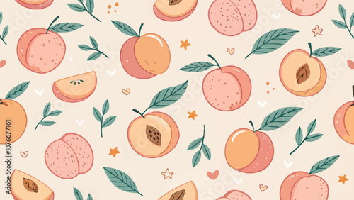 Vibrant peaches and leaves pattern with hearts and stars