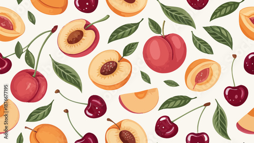 Vibrant fruit pattern with peaches and cherries