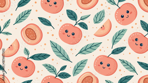Cute cartoon peaches with smiling faces and green leaves on cream background