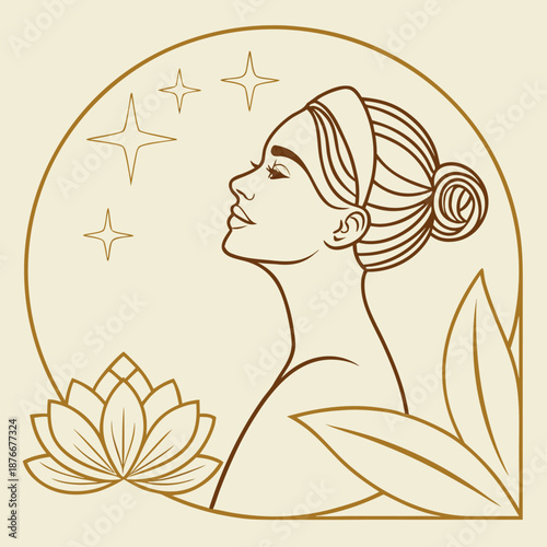 An abstract composition features a soft cream background with a curved golden brown line gracefully sweeping across the upper right