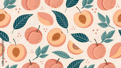 Vibrant peach pattern with leaves on cream background
