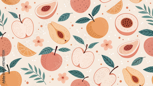 Vibrant fruit pattern with apples, pears, and oranges