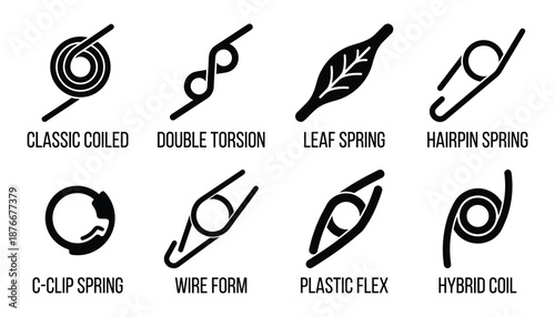 Various springs vector set: classic coiled, torsion, leaf, hairpin, c-clip, wire form, plastic flex, and hybrid coil springs.