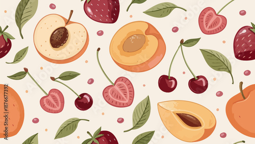 Vibrant fruit pattern with peaches, cherries, and strawberries