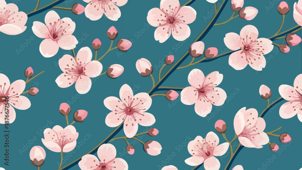 Fototapeta premium Beautiful pink cherry blossoms on teal background