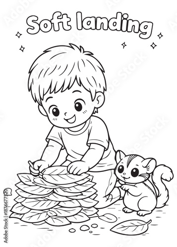 coloring book boy gently stacking leaves while a curious sugar glider helps with a soft landing game