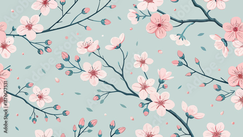 Beautiful cherry blossom branches on soft green background