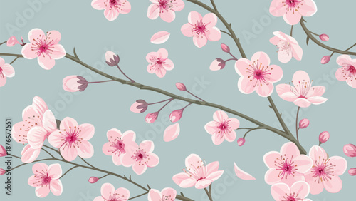Beautiful pink cherry blossoms on soft green background