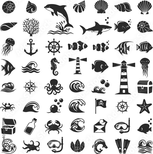 Vector nautical icons set sea creatures ships and ocean symbols