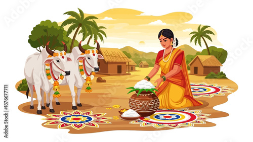 A South Indian woman in traditional attire celebrates the Pongal harvest festival with decorated oxen, traditional food, and rangoli in a rural village setting with a warm, festive