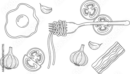 Detailed illustration of garlic cloves and tomato slices with a fork in the center