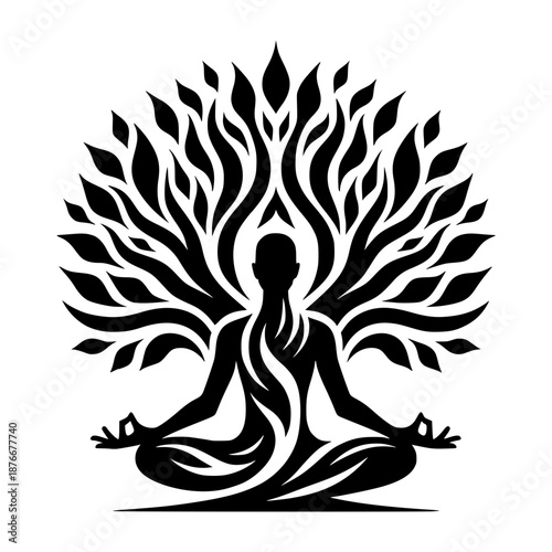 a silhouetted figure of a person in a yoga or meditative pose with tree like energy emanating vector illustrations image