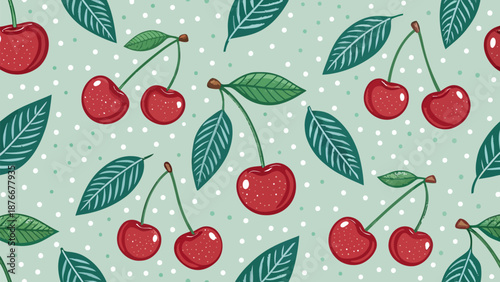 Vibrant cherries and leaves on mint green background with white dots