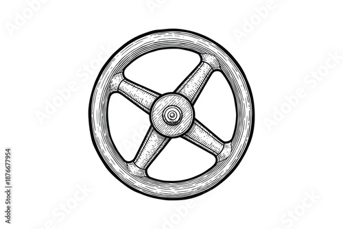 Engraved black and white illustration of a hand wheel with four spokes
