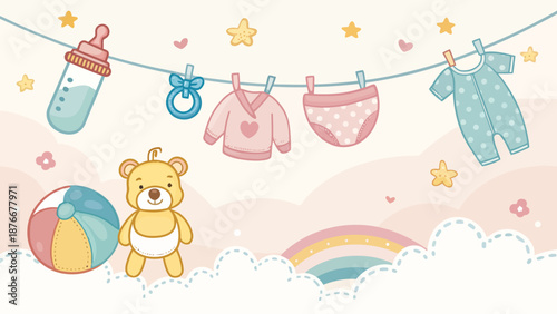 Adorable baby nursery scene with teddy bear and clothesline