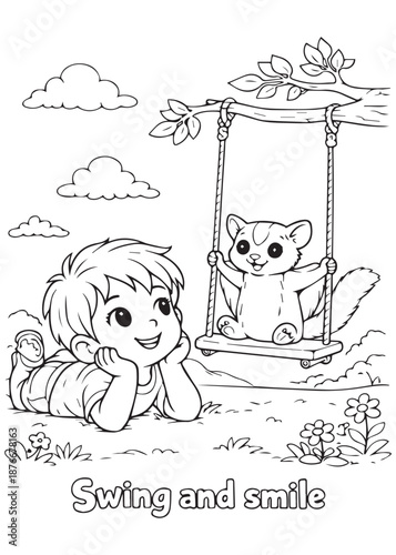 coloring book boy lying on the grass smiling as a sugar glider swings joyfully on a wooden swing