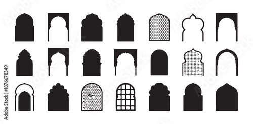 Set of 21 traditional arabic windows and arch silhouettes black flat icons design collection