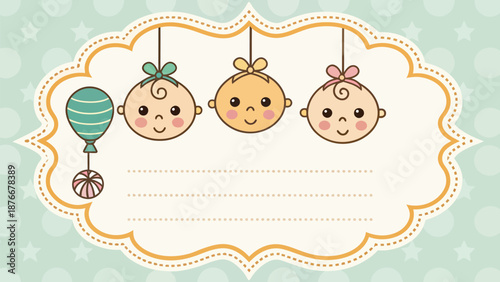 Cute baby faces with balloons on a decorative background