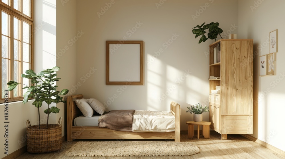 Fototapeta premium Cozy and Bright Minimalist Bedroom Interior with Natural Elements