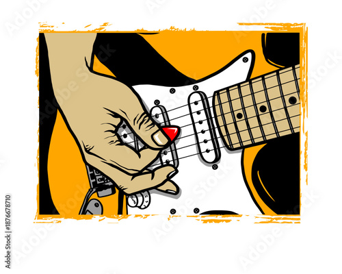 Close-up of hand turning guitar volume knob, musical instrument detail, colorful illustration