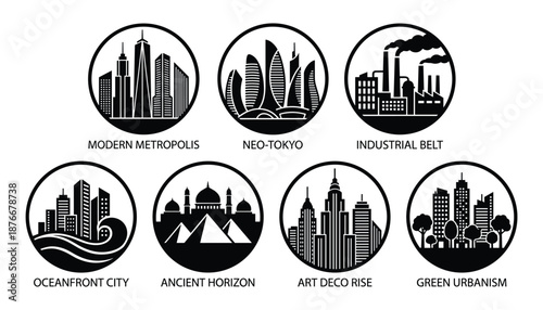 Cityscape Black Silhouette Icon Collection: Modern, Neo Tokyo, Industrial, Oceanfront, Ancient, Art Deco, Green Urbanism