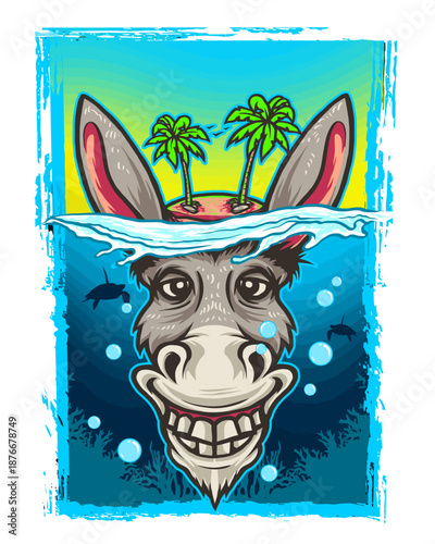Cartoon donkey head underwater smiling with bubbles and fish swimming nearby