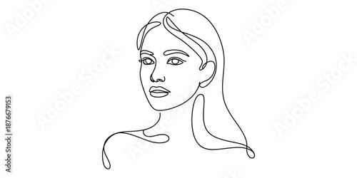 Continuous line art portrait of a young woman with long hair, minimalist design