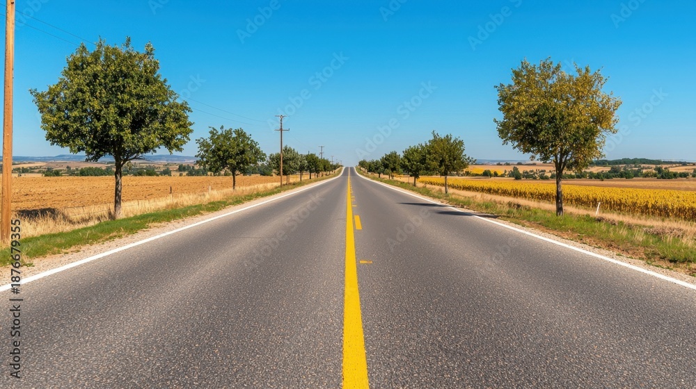 Fototapeta premium Scenic Open Road Surrounded by Green Trees and Golden Fields