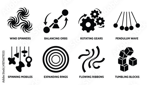 Physics motion icons: Wind spinners, balancing orbs, rotating gears, pendulum wave, mobiles, rings, ribbons, and blocks.