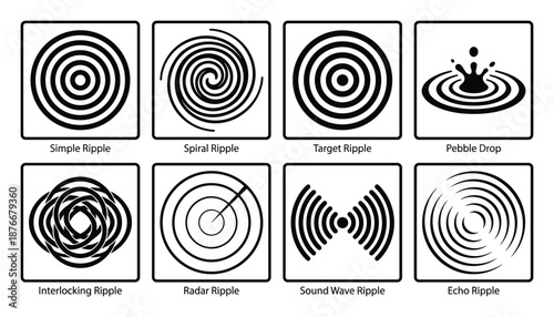 Different types of ripple vector designs. Simple, spiral, target, pebble, interlocking, radar, soundwave, and echo ripple.