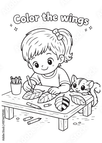 coloring book girl coloring wings at a small table with a sugar glider watching cheerfully