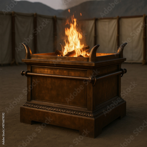 Brazen altar standing in the desert wilderness as described in the Old Testament, used for burnt offerings before the tabernacle.
