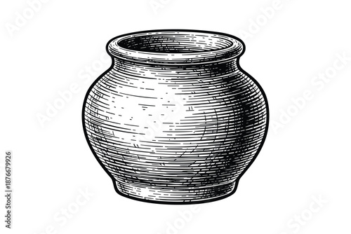 Hand drawn clay pot illustration in black and white with detailed line work