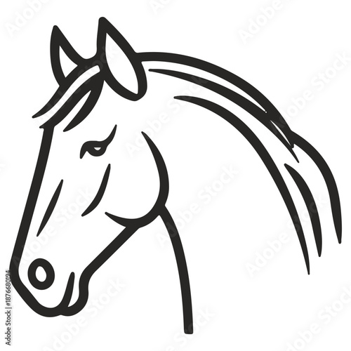 Black and white illustration of a horse's head and neck from a side view