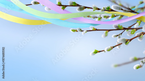 Pastel ribbon spring branch easter decoration pussy willow blue background festive color soft focus holiday concept joyful pastel ribbon over