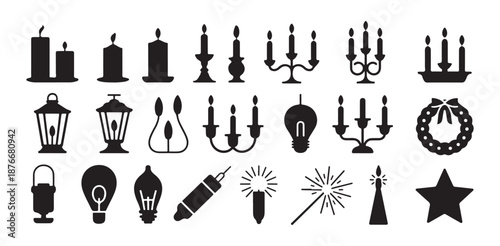 Set of black silhouette light icons featuring candles lamps and decorative lighting elements