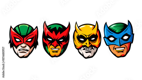 Collection of colorful superhero heads, wearing masks, capes, heroic expressions, comic book style, bold outlines, grainy texture, white background