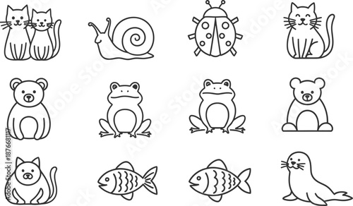 Collection of simple line drawings featuring various animals including cats bears frogs and marine life
