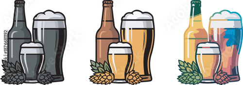 Set of three different beer bottles with glasses filled with drinks