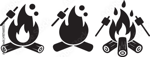Three campfire icons with flames and logs isolated on transparent background