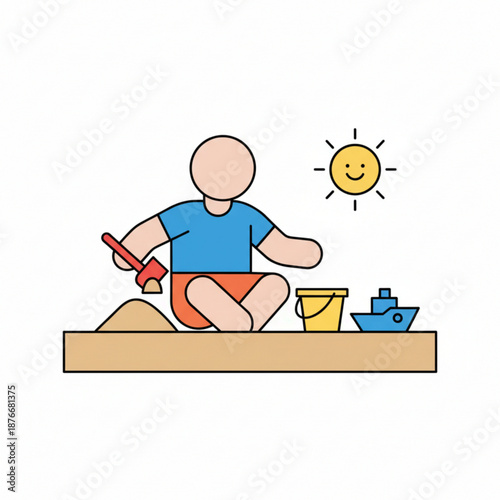 Person playing in a sandbox with bucket and toy boat in sun
