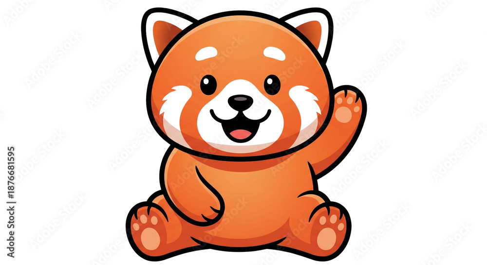 Obraz premium Cute Cartoon Red Panda Baby Waving Hello, Adorable Mascot Character for Kids and Family.