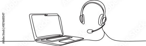 One single line drawing of headphone with microphone and laptop on the work desk as call center equipment tools. Call center customer care concept. one line Icon drawing
