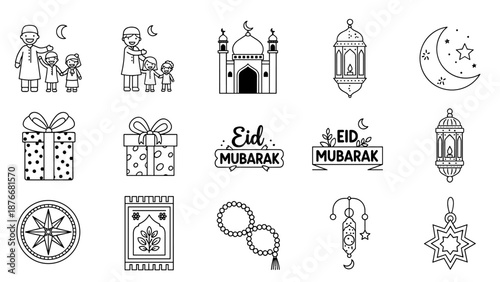 Minimalist Outline Icon Collection for Islamic Celebrations, Featuring Traditional Symbols of Ramadan, Eid al-Fitr, Mosques, Lanterns, and Family Gatherings