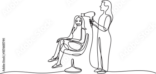Single one line drawing happy young woman in hair salon. Going for change of style, discussing hairstyling with her hairdresser holding hair dryer. one line Icon drawing